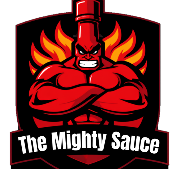 The Mighty Sauce: a muscular red hot sauce bottle with flames