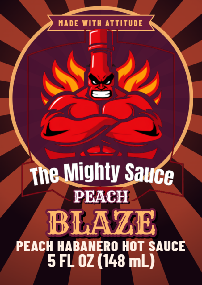 Peach Blaze label: the Mighty Sauce mascot bursting from a sunset sunburst